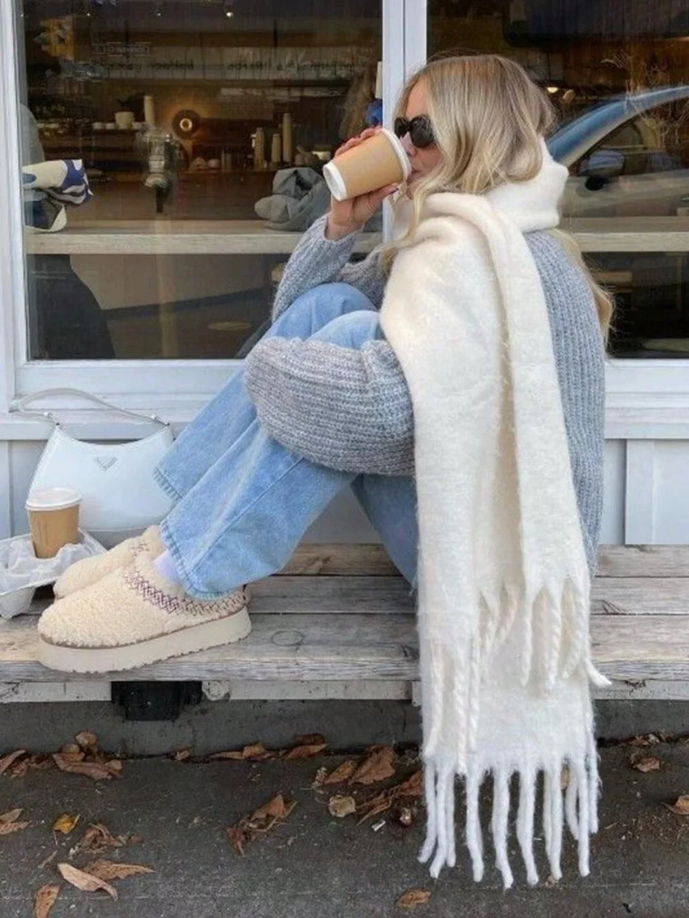 Cream cozy and warm Casual Women's Plain Plush Tassel Shawl scarf